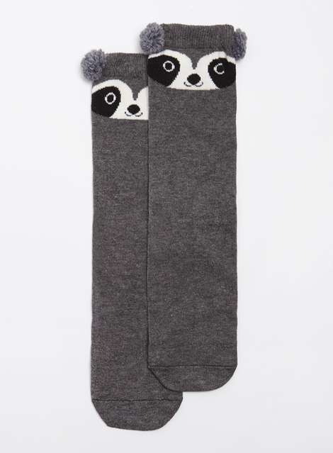 Grey Racoon Pom Ankle Socks